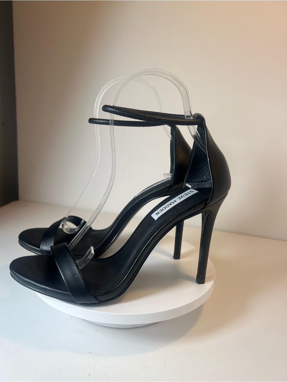 Steve Madden Stecy black leather stiletto heels,slim ankle strap and open-toe